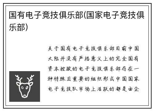 国有电子竞技俱乐部(国家电子竞技俱乐部)