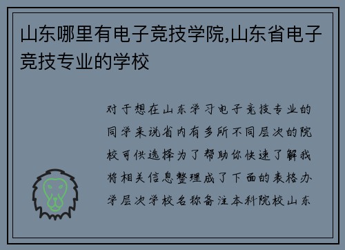 山东哪里有电子竞技学院,山东省电子竞技专业的学校